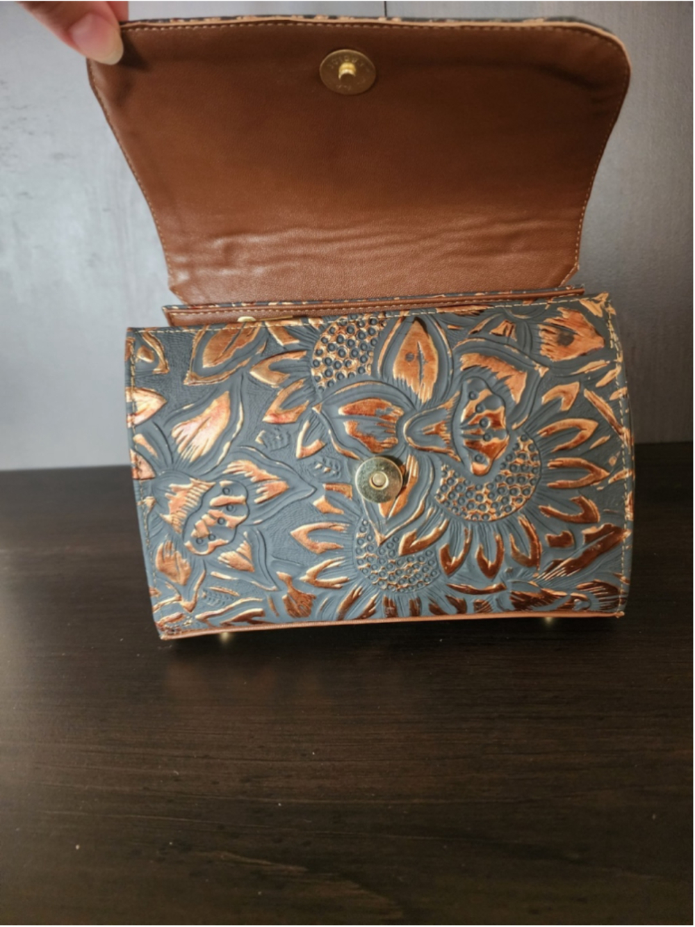 Grayish Navy Blue GOLD Sunflower Embossed Tooled Artisan Leather Crossbody Purse - Picture 10 of 16